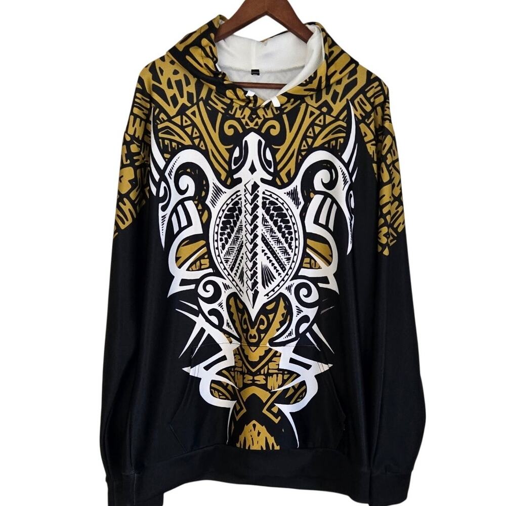 Pacific Islander Tribal Tattoo Turtle Streetwear Hoodie Black/Gold Pullover 2XL